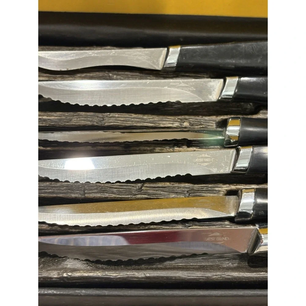 Vintage West Bend Steak Knives Set of 6 Hand Crafted USA Serrated Blades Boxed